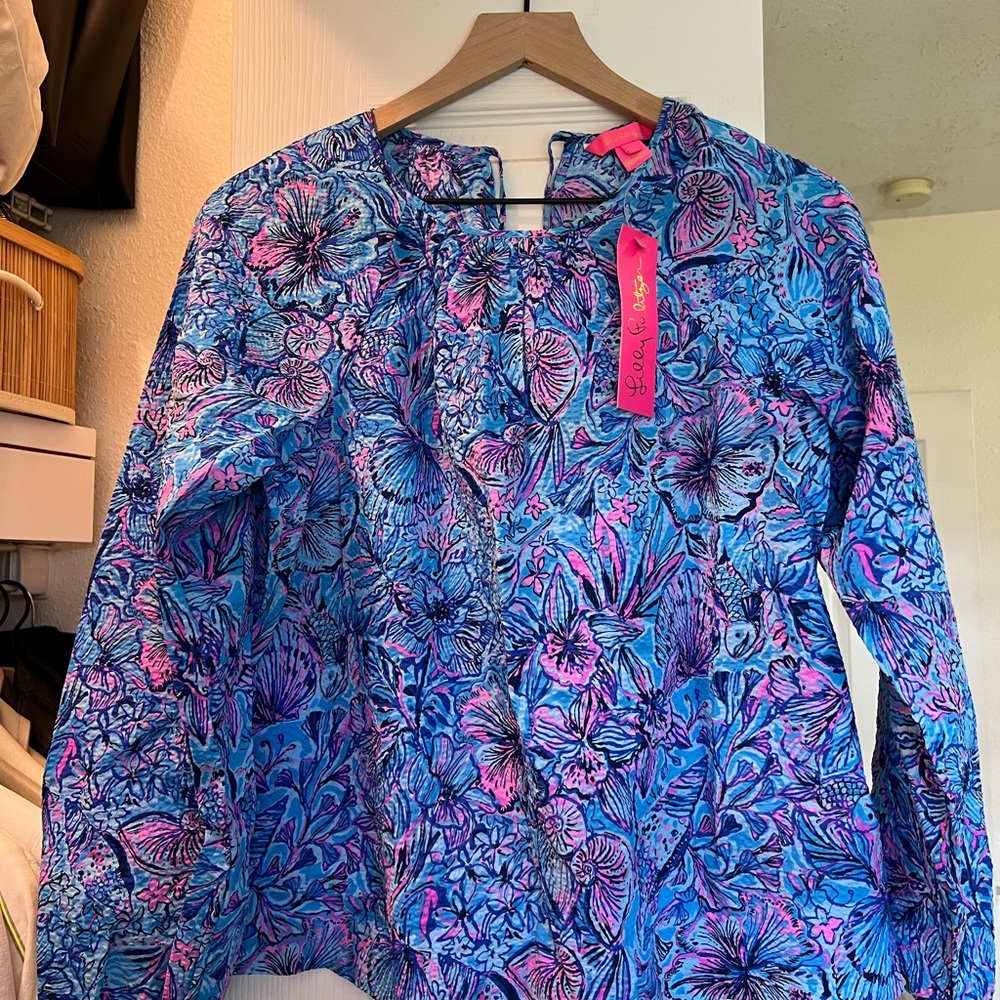 💖NWT LILLY PULITZER🩵RILYNN LONG SLEEVE cotton blouse blue/pink shell/fish S